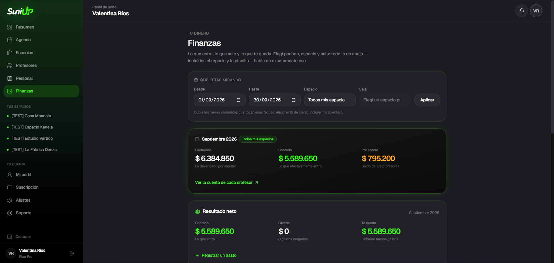 Módulo de finanzas con gráficos de evolución